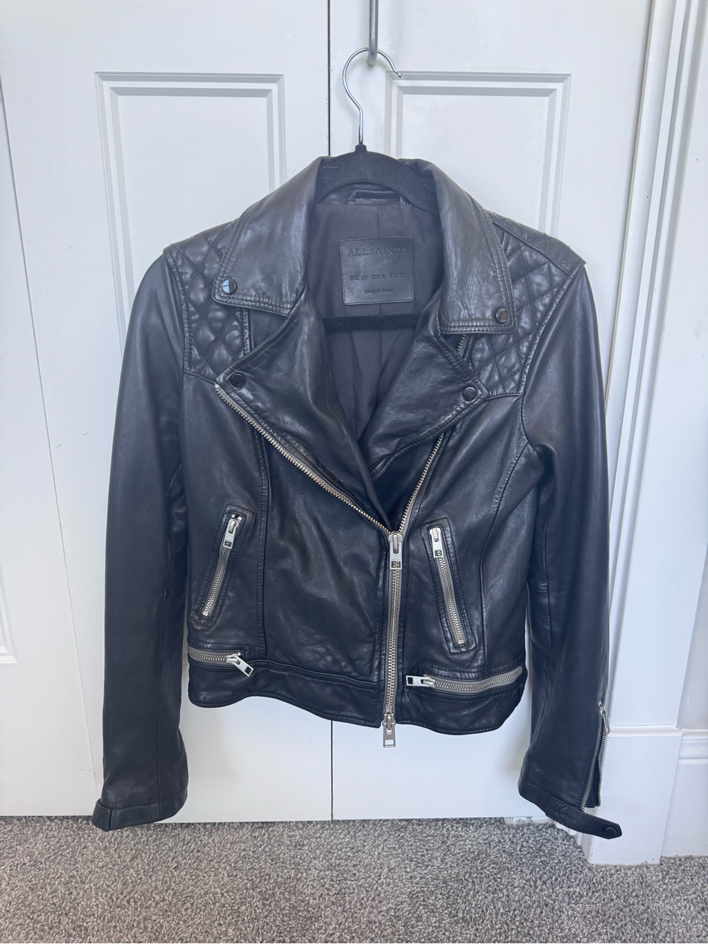 All Saints Black Quilted Shoulder Leather Moto Jacket